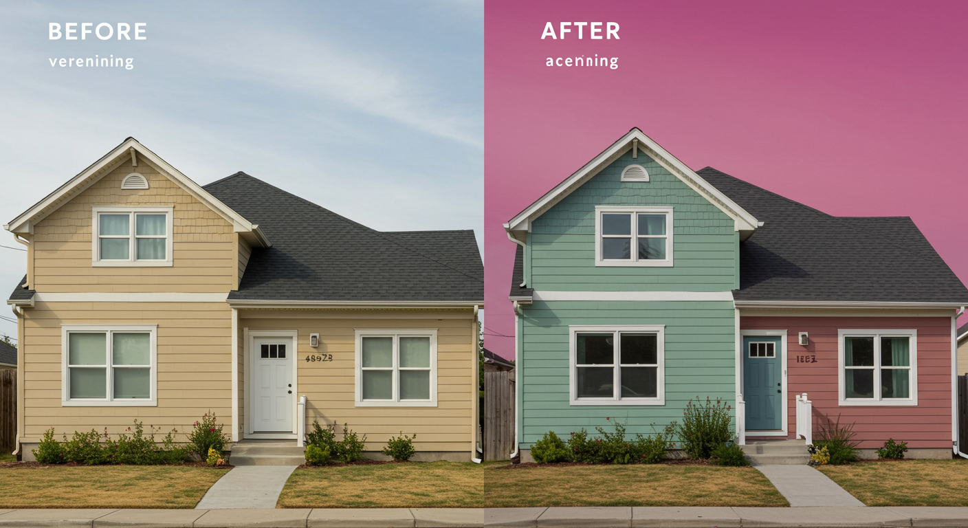 A split-view image showing a house before and after an exterior painting project. The 'after' side features a vibrant, polished look with clean edges and a modern color palette.