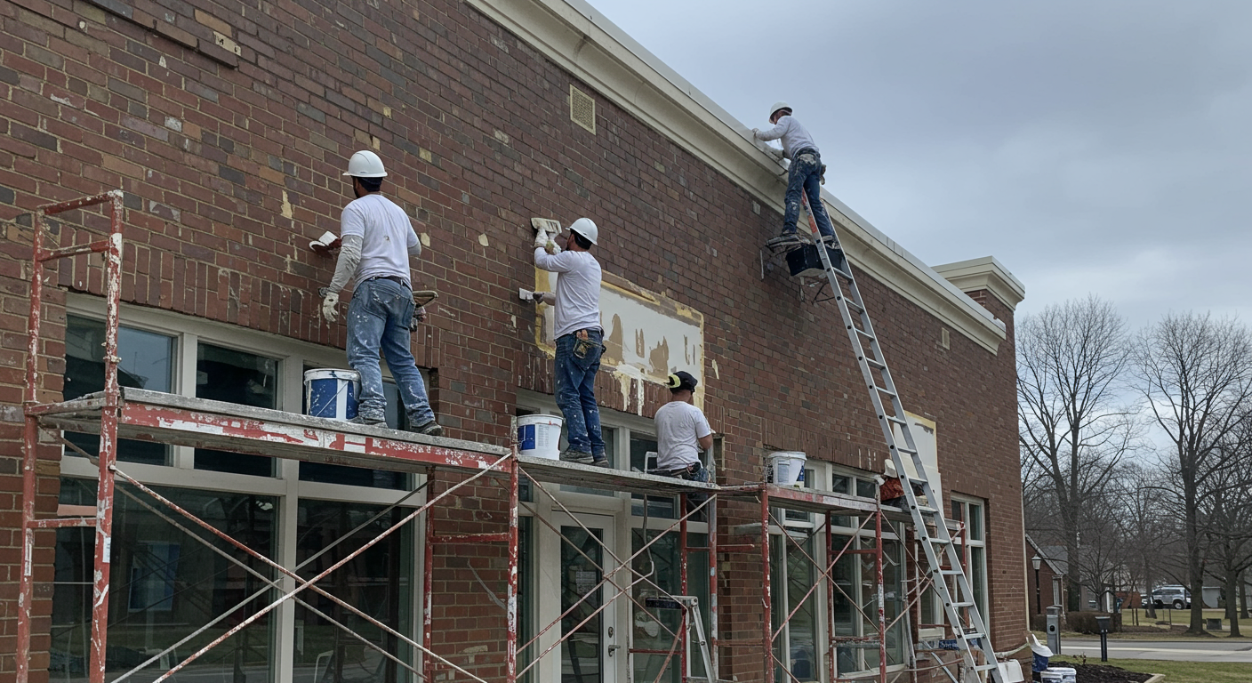 A team of painters working on a commercial building in Gaithersburg, MD. The image shows scaffolding, paint buckets, and workers applying paint to the building's facade, emphasizing professionalism and efficiency.