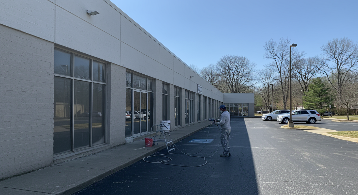 A professional painter using a spray gun to paint the exterior of a commercial building in Glen Burnie, MD. The building has a clean, modern design, and the painter is wearing safety gear. The background includes a clear blue sky and a few parked cars.
