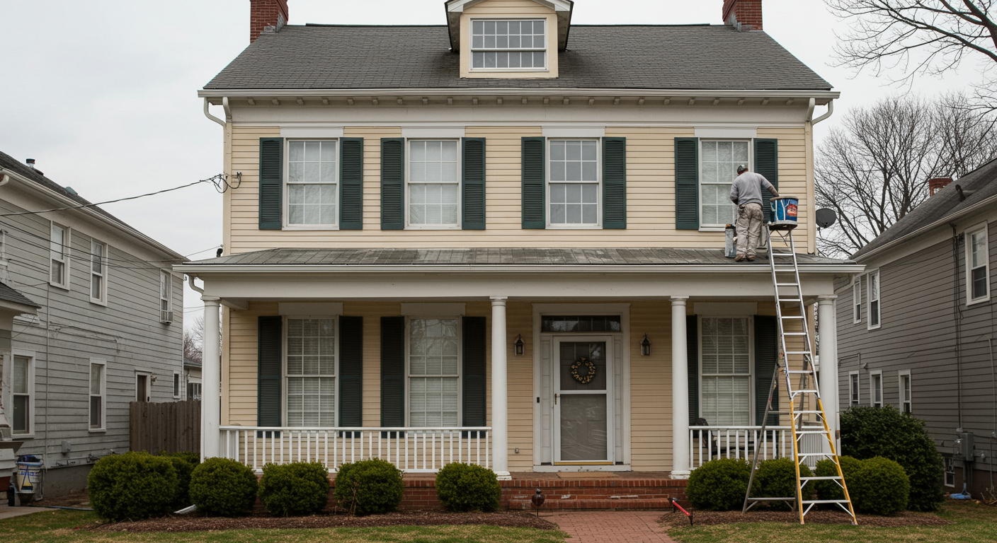 A painter on a ladder, applying a fresh coat of paint to the exterior of a two-story house in Germantown, MD.