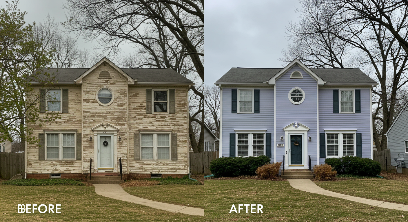 A before-and-after view of a house exterior in Germantown, MD. The left side shows the old, faded paint, while the right side showcases a fresh, vibrant coat of paint. The house looks rejuvenated and inviting.