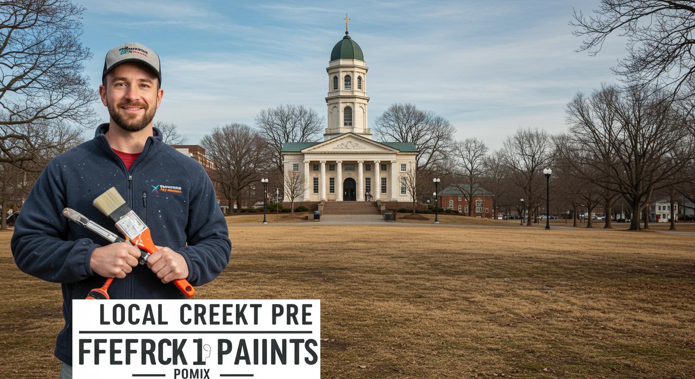 A painter standing in front of a recognizable Frederick, MD landmark (e.g., Carroll Creek Park) with painting tools in hand. The image emphasizes local expertise and community connection.