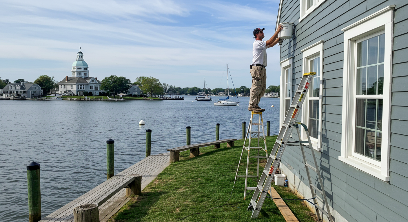 A professional painter on a ladder is working on the exterior of a waterfront property in Annapolis. The background features the Chesapeake Bay, sailboats, and a clear blue sky, emphasizing the local setting and the company's ability to handle challenging projects.