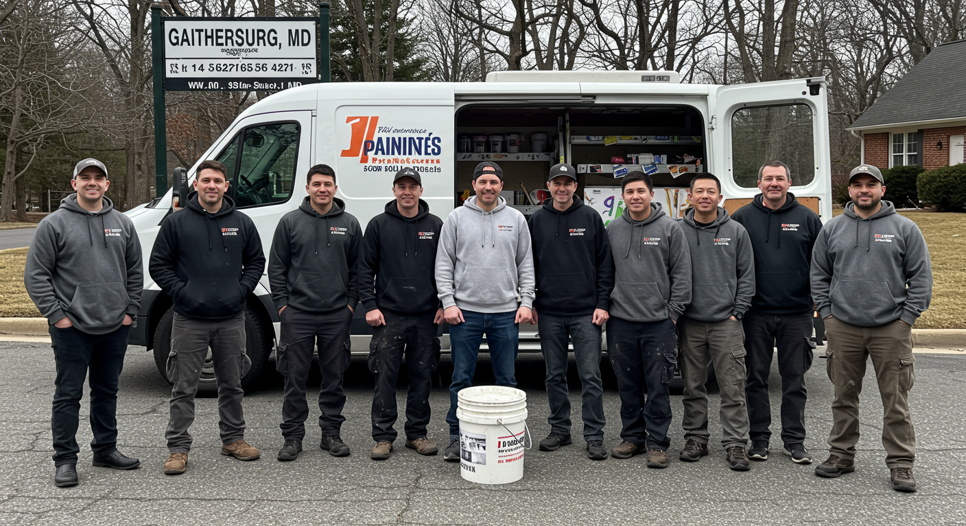 A team of painters in branded uniforms posing in front of their van with 'Gaithersburg, MD' signage visible in the background. The van is equipped with painting supplies, and the team exudes professionalism and friendliness.