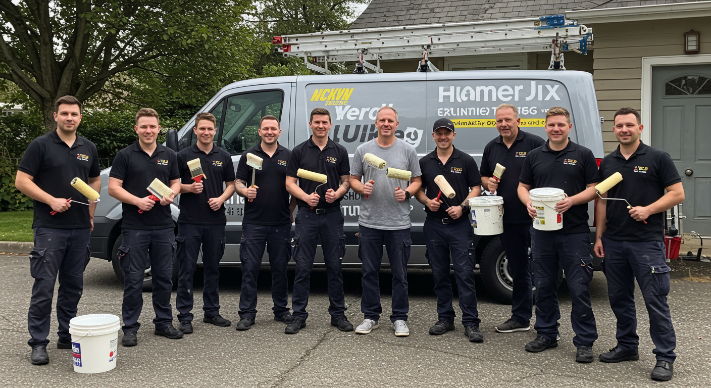 Friendly Team Photo of Painters with Equipment and Tools