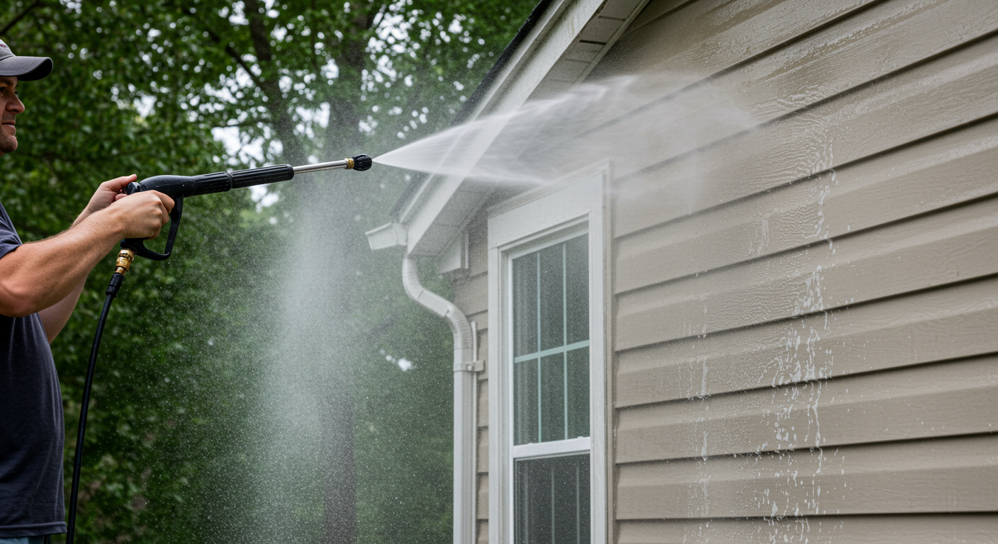 A professional using a power washer to clean the exterior of a house in Frederick, MD, as part of the preparation for painting.