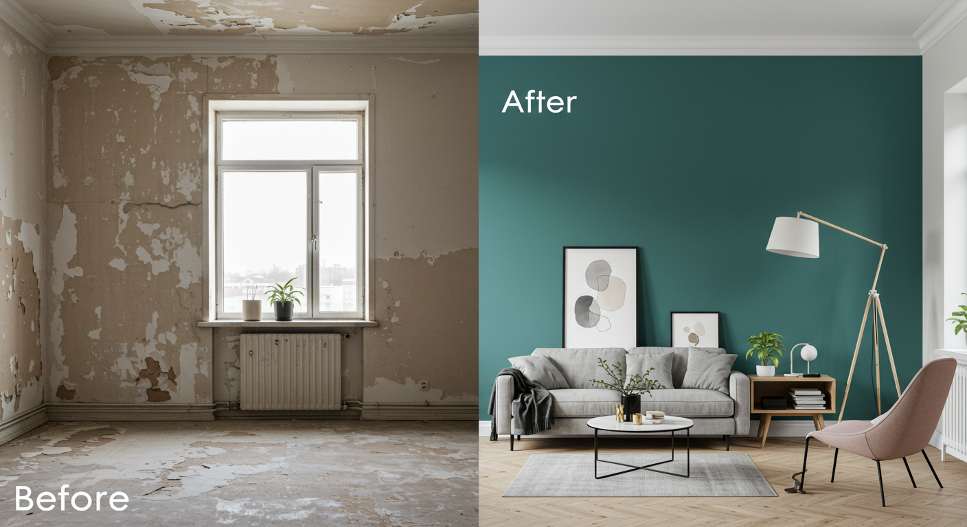 A split-view image showing a room before and after painting. The 'before' side features dull, peeling paint, while the 'after' side showcases a vibrant, freshly painted wall with modern decor and furniture.