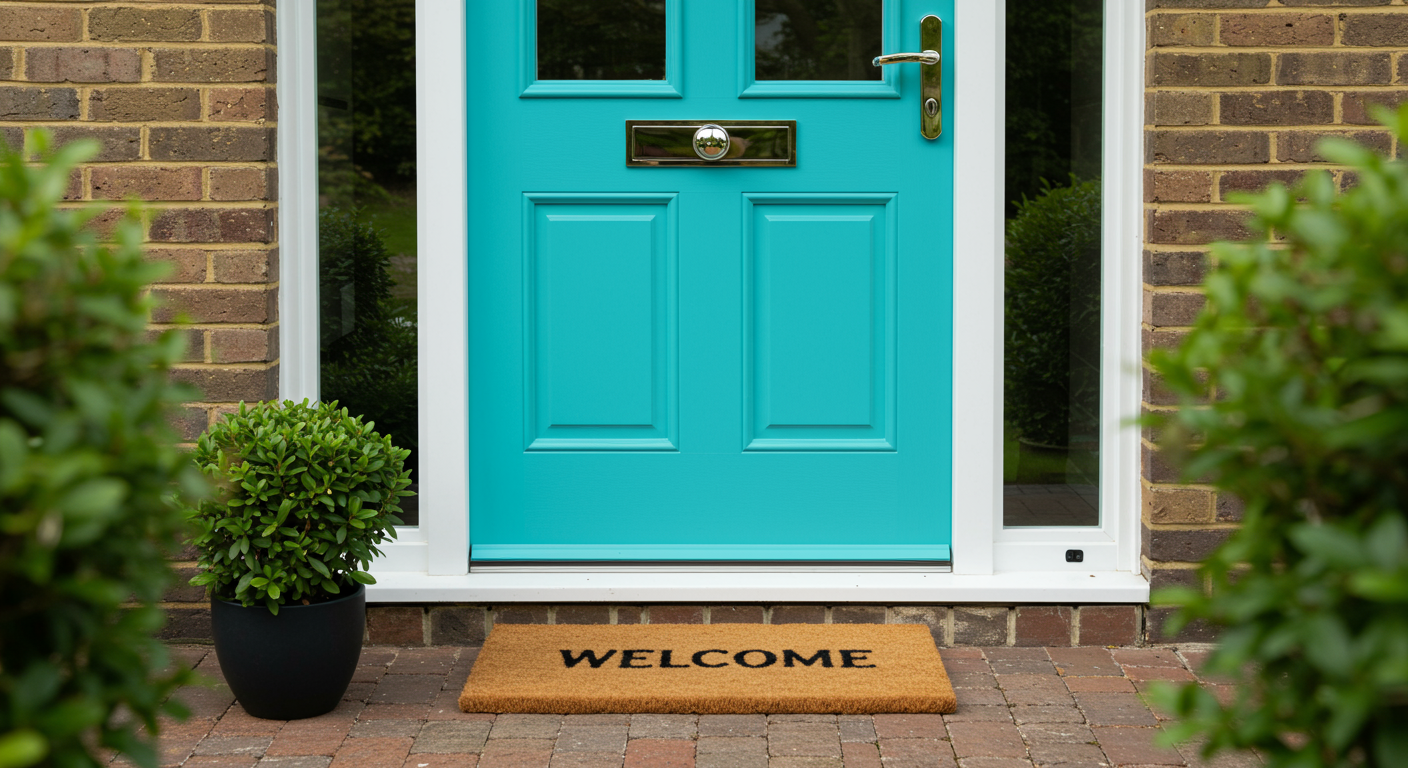 A vibrant front door with a 'Welcome' mat in front, symbolizing the inviting nature of a freshly painted home entrance.