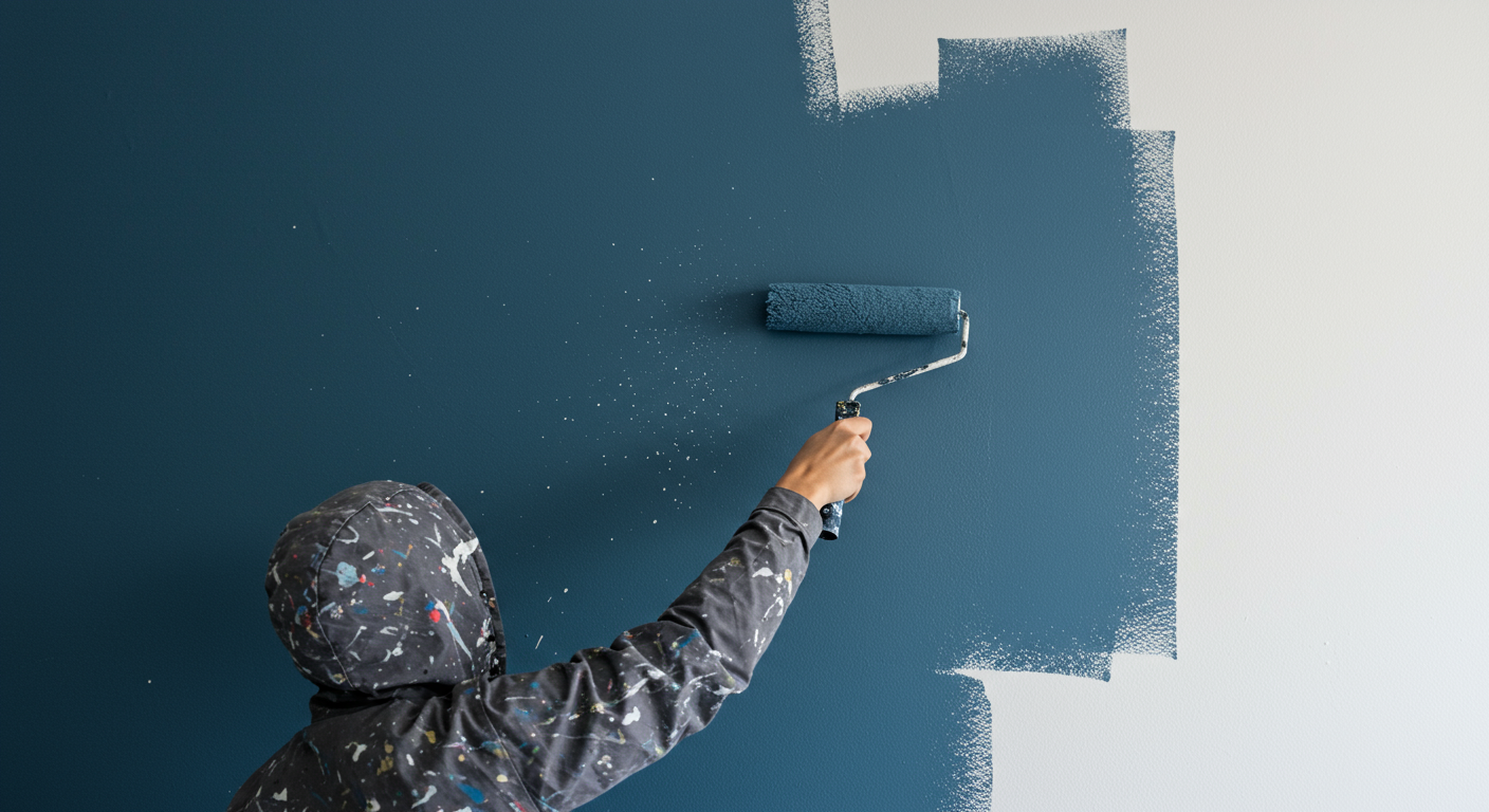 An action shot of a person painting a wall with a roller brush, showcasing the technique. The image captures the motion and focus of the painter, with paint splatters and a vibrant color scheme.