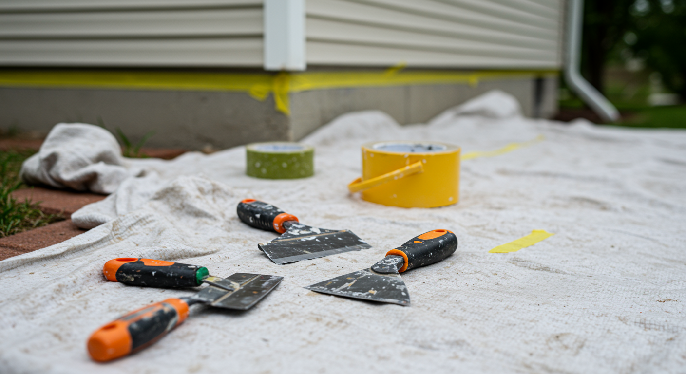 A close-up shot of a homeowner preparing the exterior of a house for painting. The scene includes tools like a paint scraper, sandpaper, and drop cloths laid out on the ground. The house is partially covered with painter's tape, showcasing the meticulous preparation work.