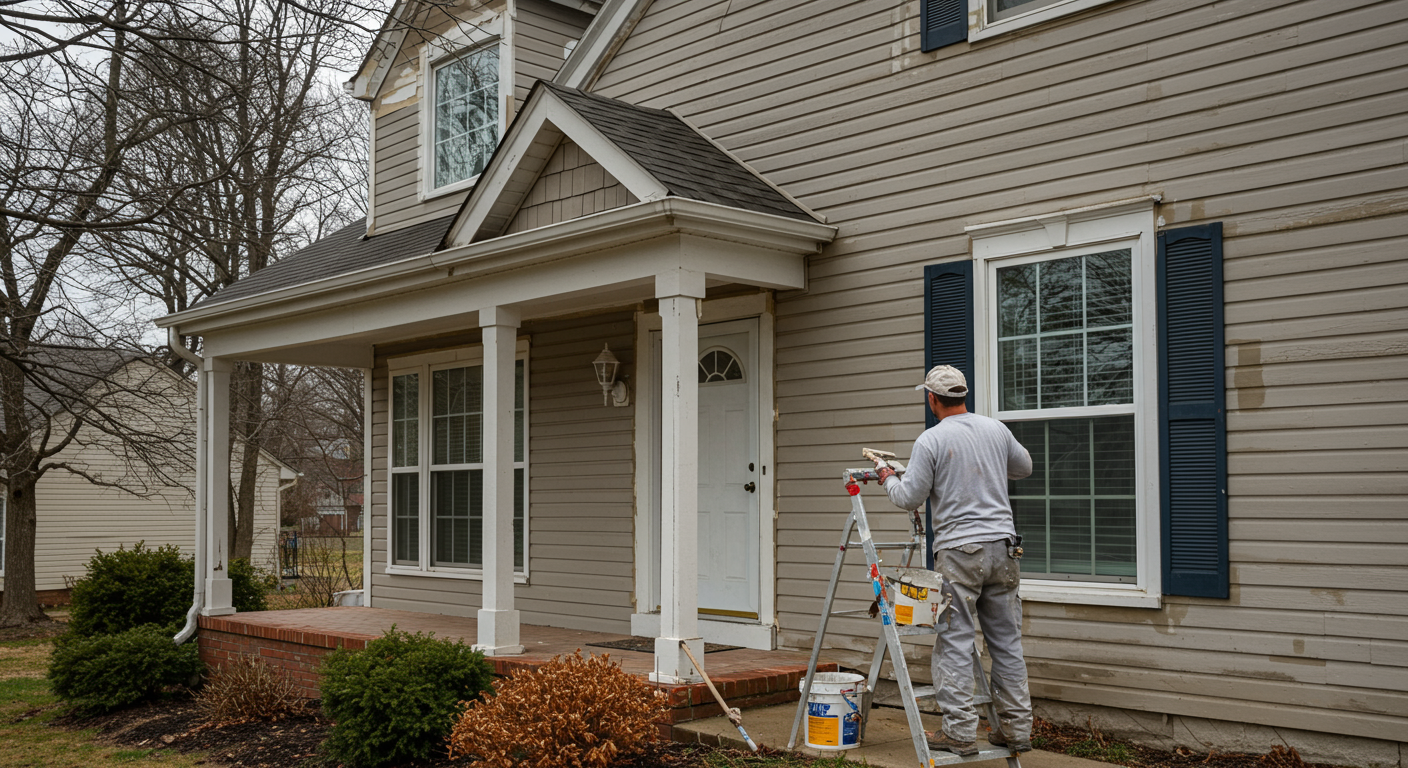 A professional painter carefully applying a fresh coat of paint to the exterior of a charming suburban home in Gaithersburg, MD. The scene captures the painter in action, showcasing the tools and equipment used, with a vibrant color palette that highlights the transformation of the house.