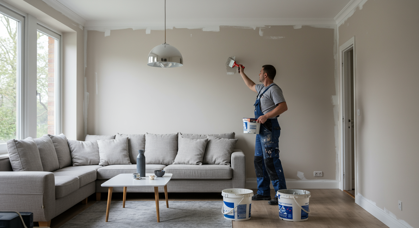 A professional painter meticulously applying a fresh coat of paint to the interior wall of a beautifully decorated living room.