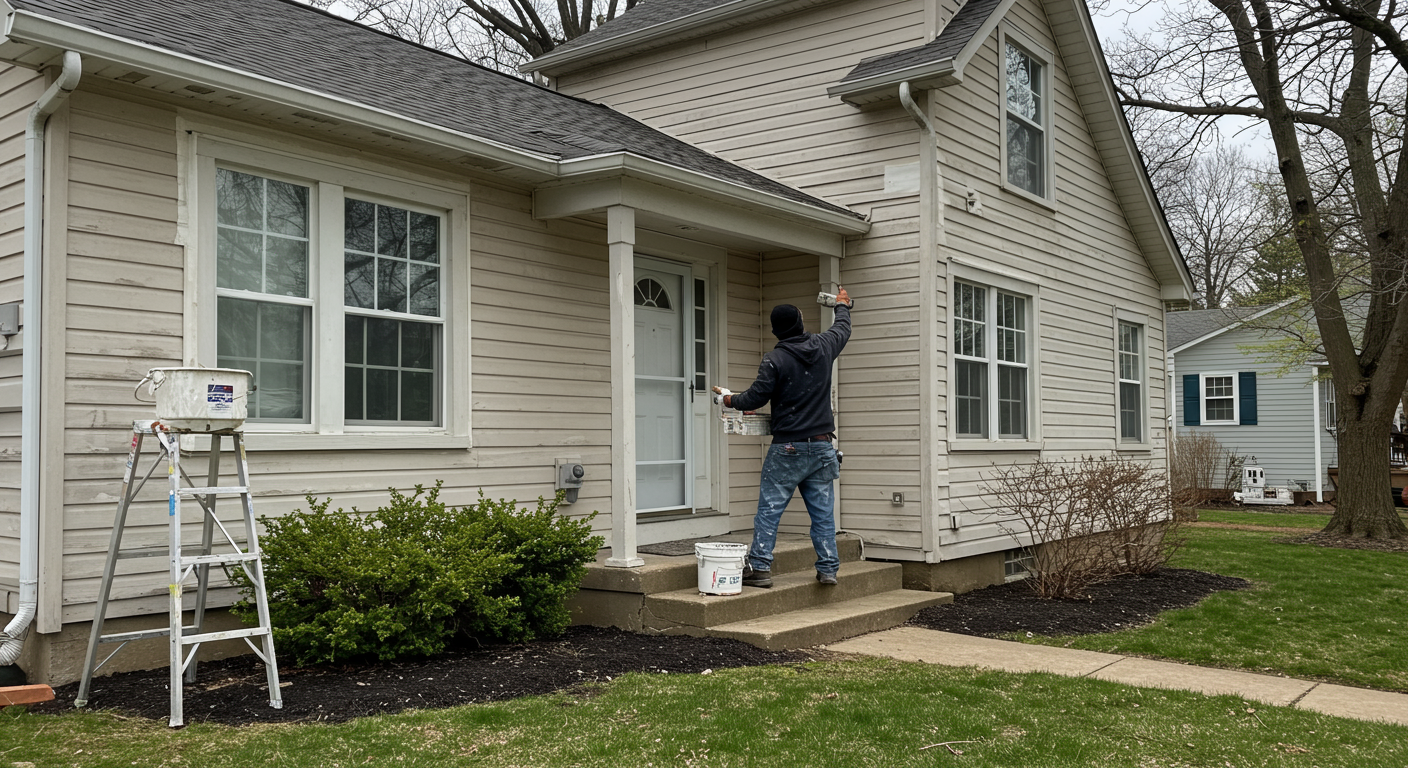 A professional painting contractor in Silver Spring, MD, meticulously painting the exterior of a charming suburban home.