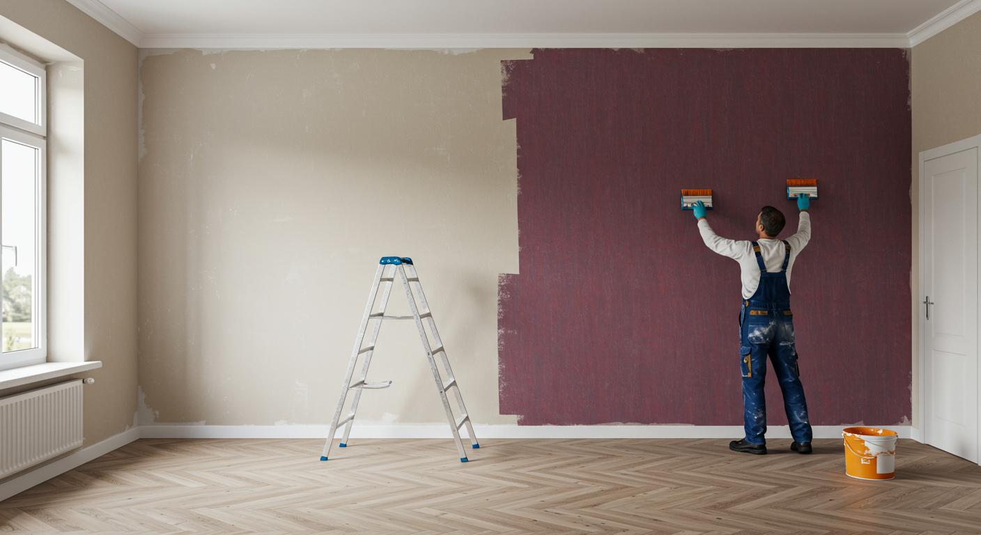 A professional painter applying a fresh coat of vibrant paint to a living room wall, showcasing the transformation of the space. The room is filled with natural light, highlighting the rich colors and textures of the paint.