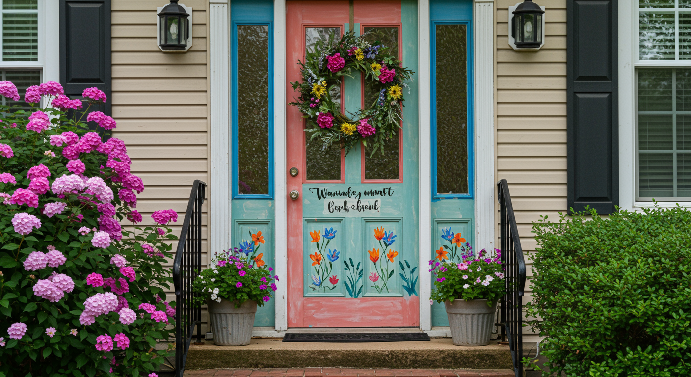 A beautifully painted front door of a home in Bethesda, MD, with a welcoming wreath and vibrant colors. The door is framed by blooming flowers, adding to the charm.