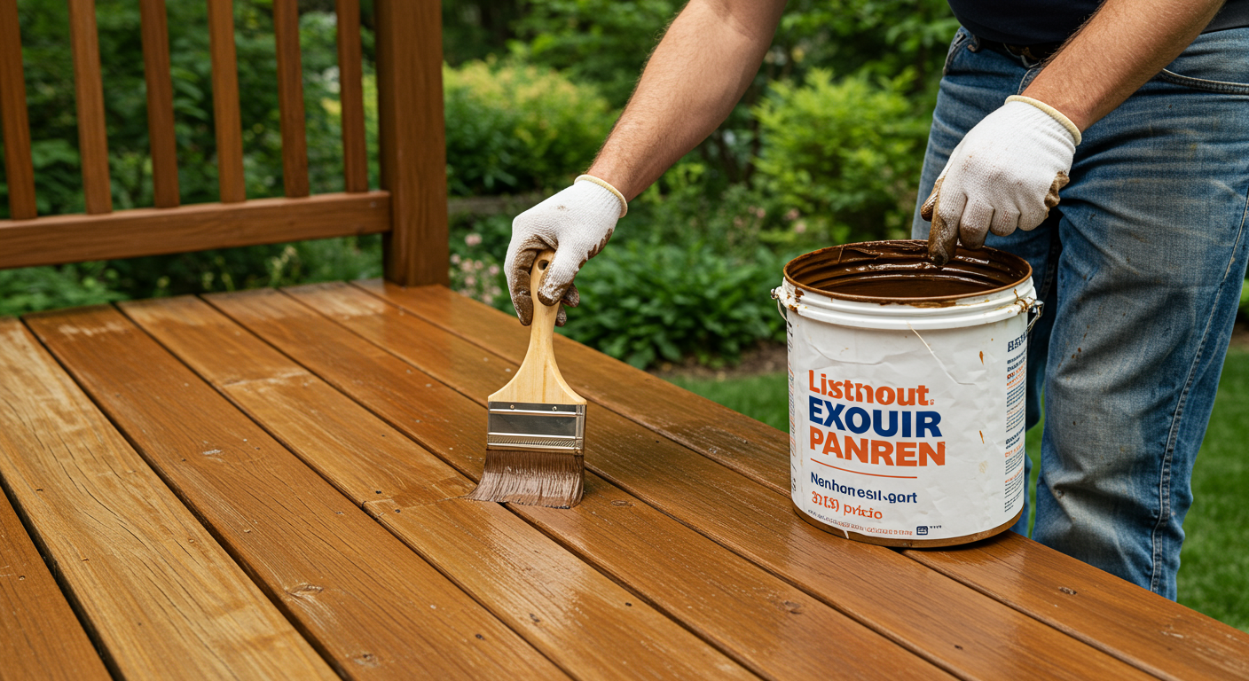 A professional painter staining a wooden deck in a backyard in Glen Burnie, MD. The image captures the painter carefully applying the stain with a brush, with a lush green garden in the background, emphasizing outdoor painting services.