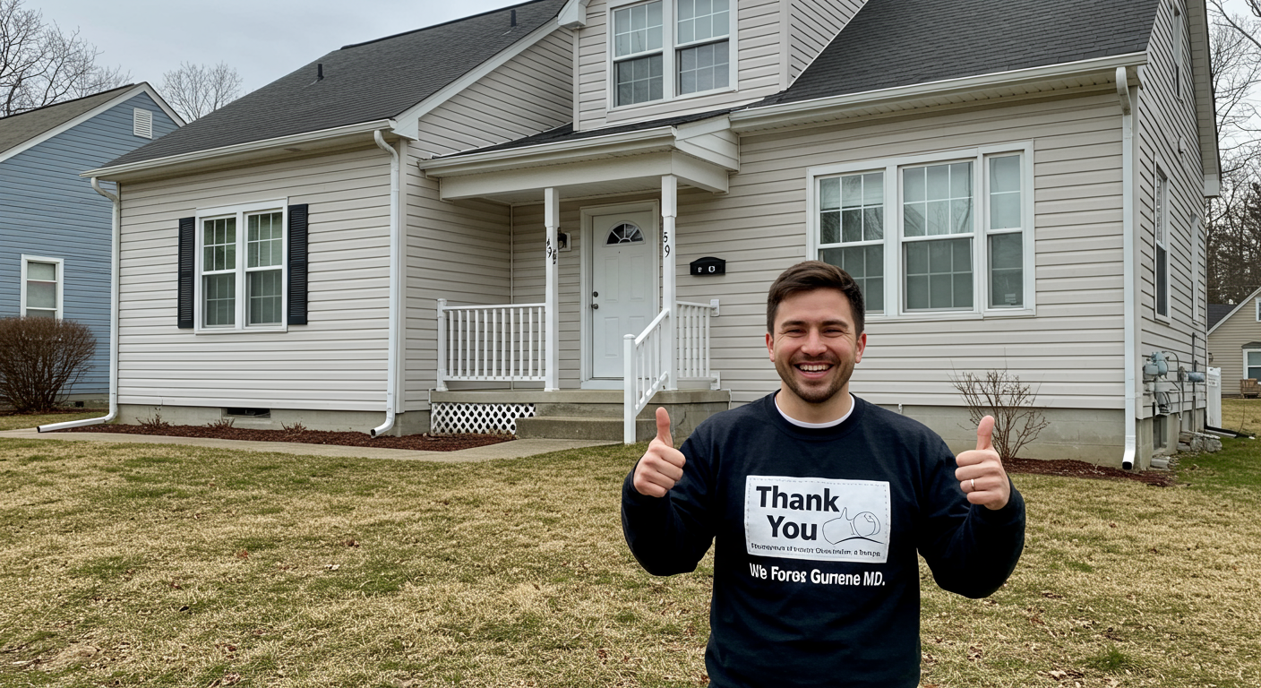 A smiling homeowner standing in front of their freshly painted house in Glen Burnie, MD. The home features a vibrant and clean exterior, and the customer is holding a 'Thank You' card or giving a thumbs-up, symbolizing satisfaction and trust.