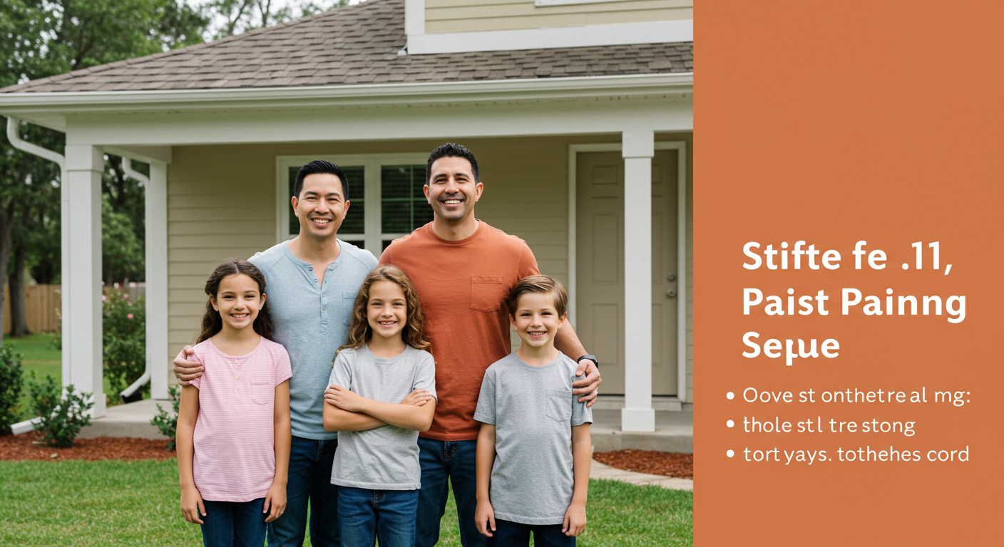 A family standing proudly in front of their newly painted home, smiling and expressing satisfaction. The house is freshly painted, with a warm and inviting color.