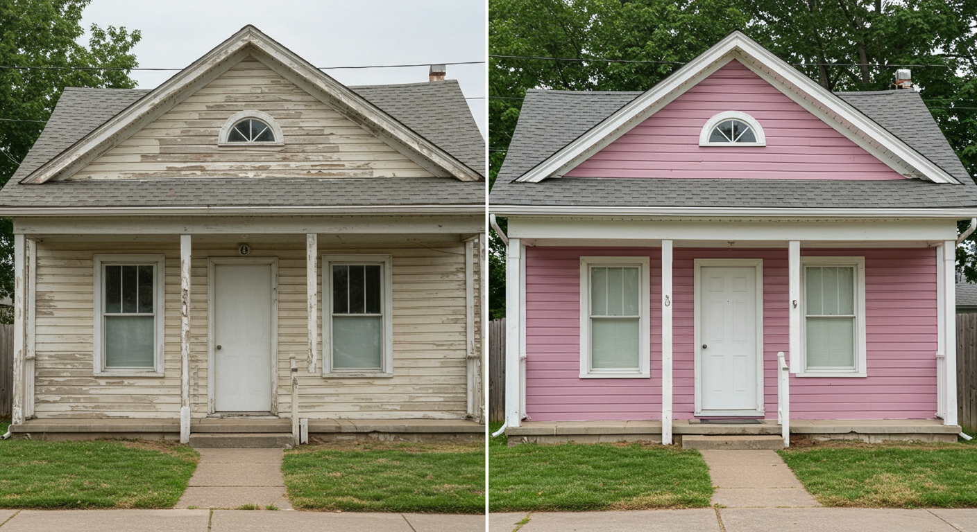 A before-and-after split image of a home exterior. The left side shows a faded, peeling paint job, while the right side showcases a freshly painted, vibrant facade.