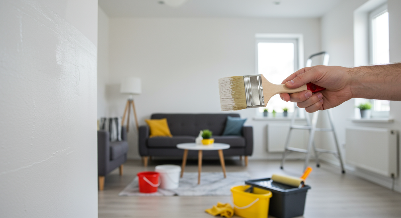 A close-up shot of a painter's hand holding a paintbrush, applying a fresh coat of paint to a living room wall. The room features modern furniture and decor, with paint supplies like rollers, trays, and drop cloths neatly arranged in the background. The image conveys professionalism and attention to detail.