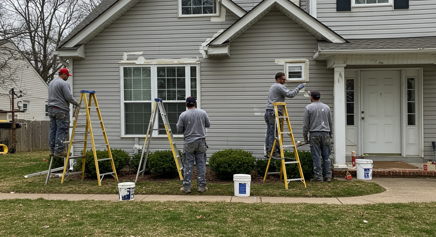 A team of professional painters in uniform working on the exterior of a residential home in Glen Burnie, MD. The image showcases ladders, paint buckets, and tools in use, with a focus on teamwork and precision.