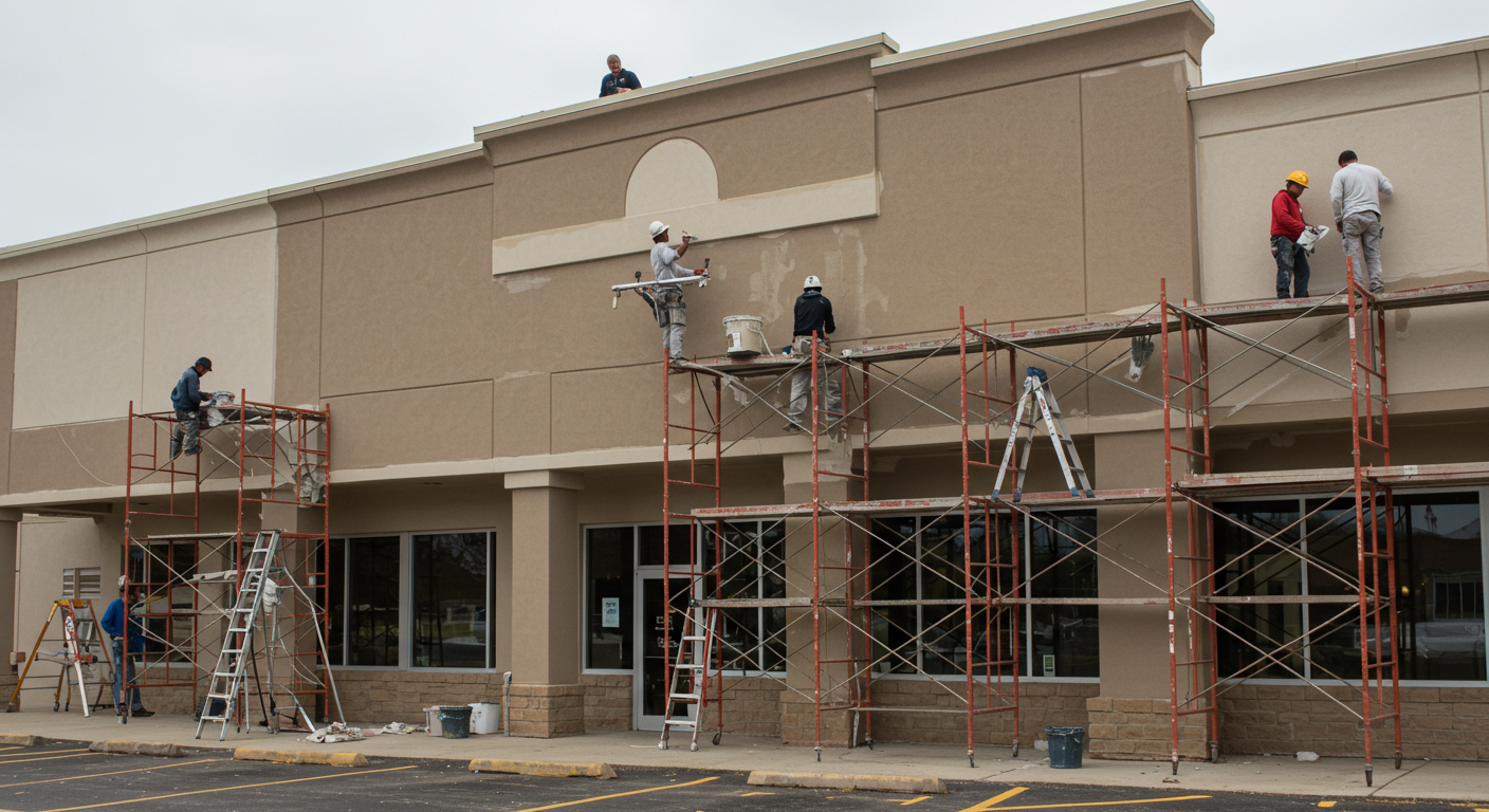 A team of professional painters working on a commercial building in Glen Burnie.