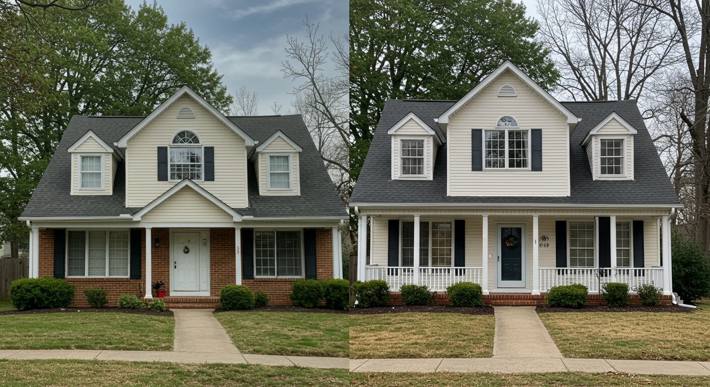 A split image showcasing a residential home in Columbia, MD, before and after a fresh paint job. The transformation highlights the impact of quality painting work, appealing to homeowners and job seekers alike.
