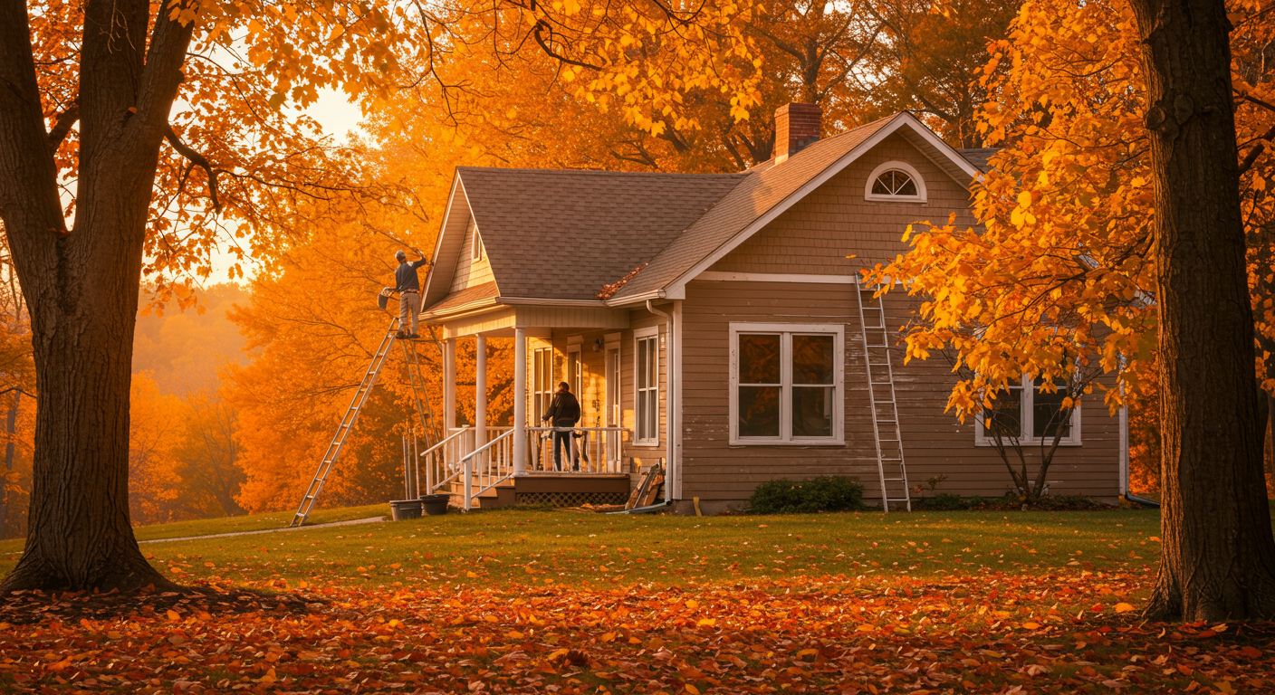 A picturesque view of a house surrounded by colorful autumn leaves. The image shows a painter preparing the exterior, with warm tones of orange and yellow in the background.