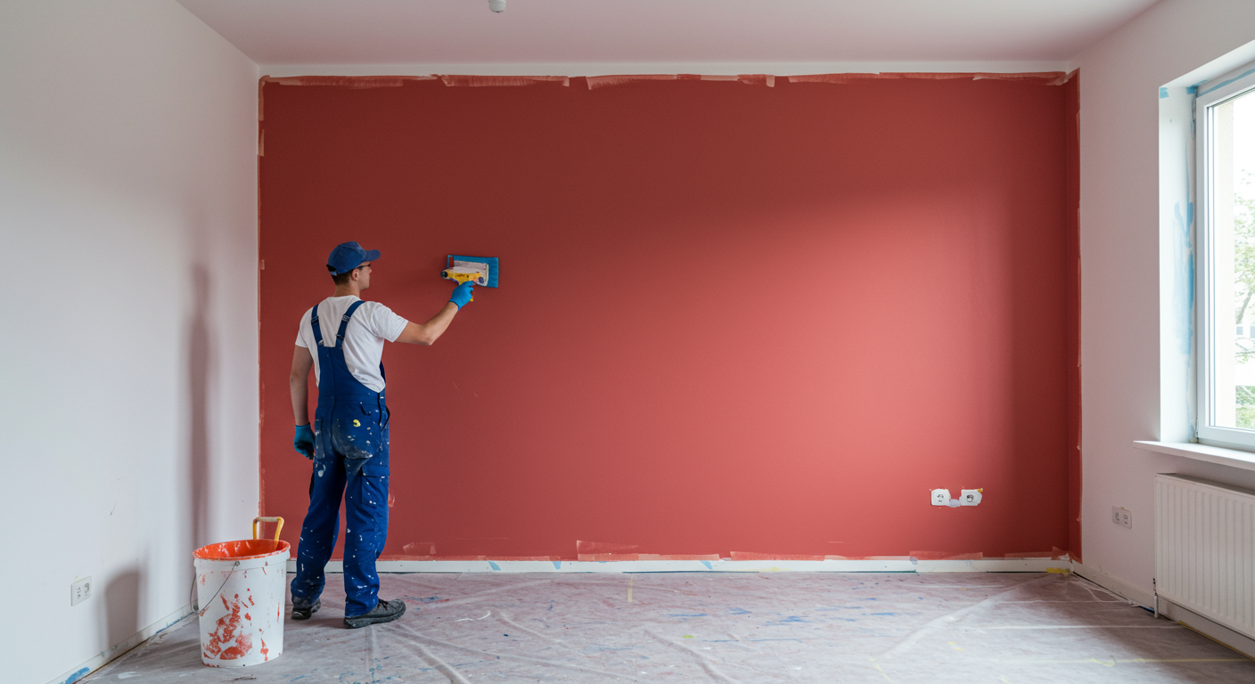 A professional painter applying a fresh coat of vibrant paint to the interior walls of a modern living room, showcasing a transformation from dull to lively.