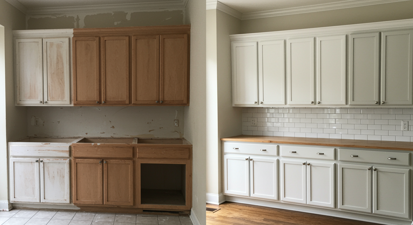 A before-and-after scene of a kitchen cabinet refinishing project. The left side shows outdated, worn cabinets, while the right side displays beautifully painted cabinets in a modern color.