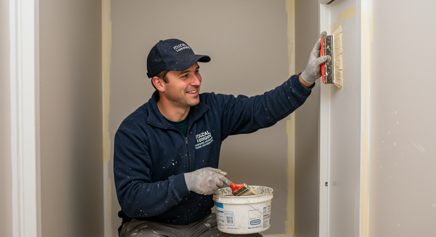 A local painter carefully applying a fresh coat of paint to a small room, showcasing attention to detail. The painter is smiling, indicating satisfaction in their work.