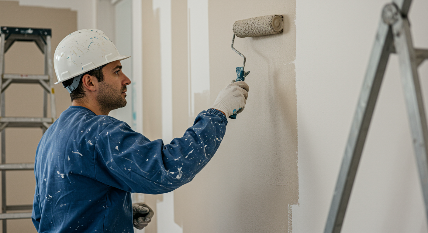 A painter using a roller brush to apply paint to a wall, with a ladder in the background. The focus is on the action of painting, capturing the dedication to quality.