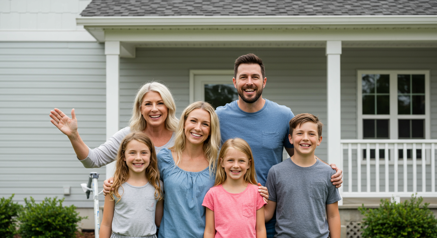 A delighted family standing in front of their newly painted house, smiling and admiring the transformation. The image captures the joy and satisfaction of customers after hiring local painters.
