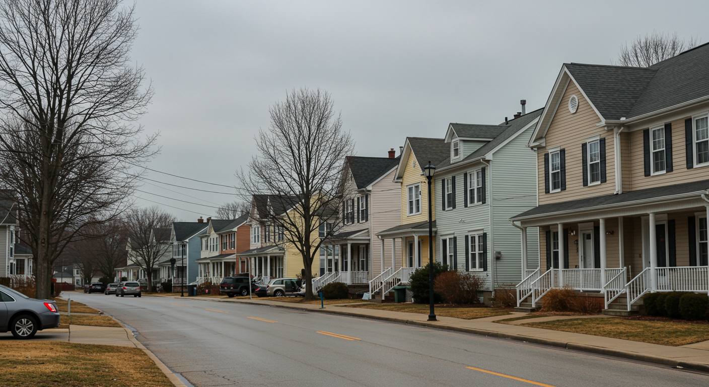 A serene scene of a suburban street in Ellicott City lined with beautifully painted homes, showcasing a variety of colors and styles.