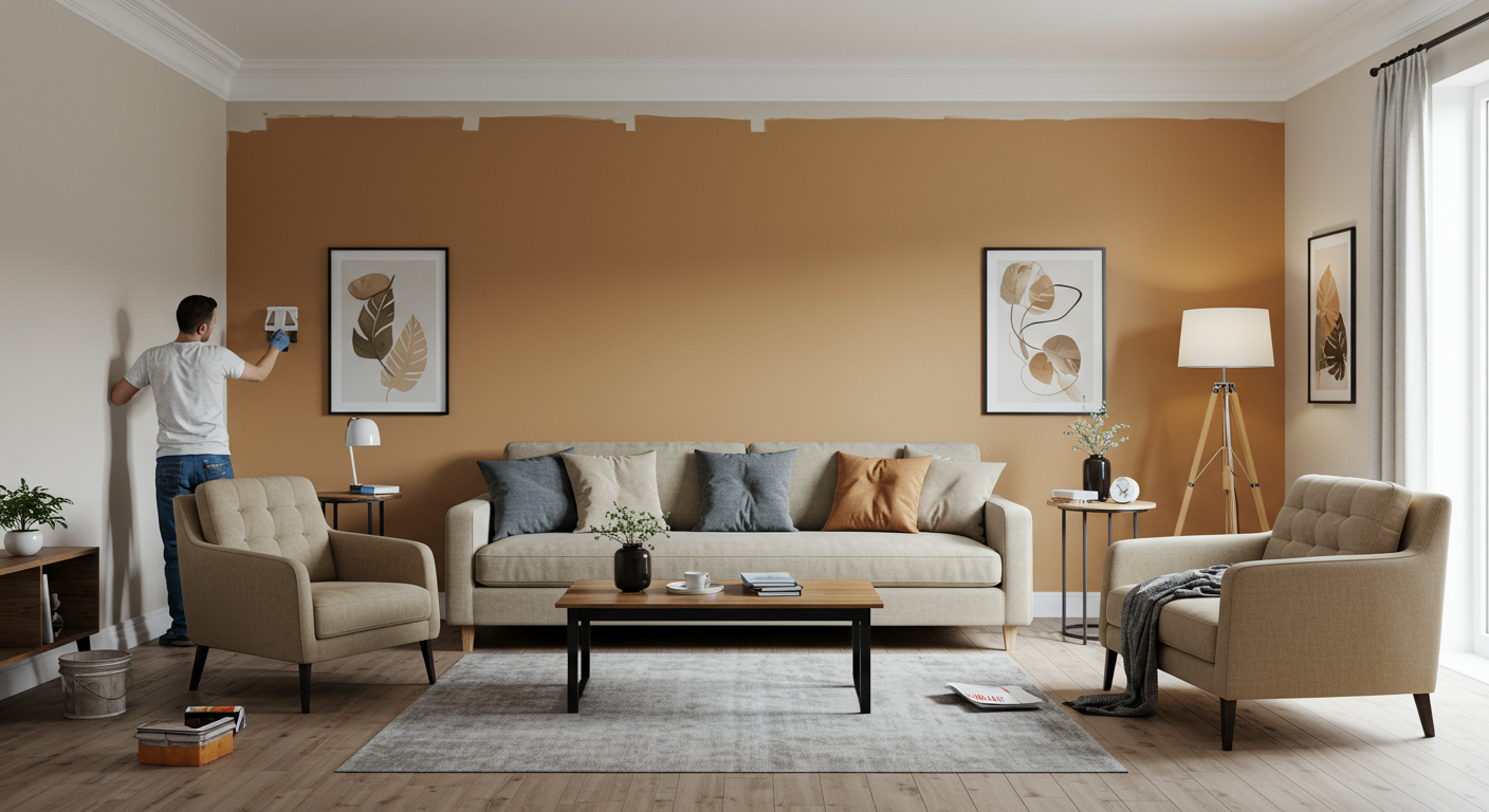 A beautifully transformed living room showcasing freshly painted walls in a warm, inviting color. The room features stylish furniture and decor that complements the new paint, with a painter in the background applying the finishing touches.
