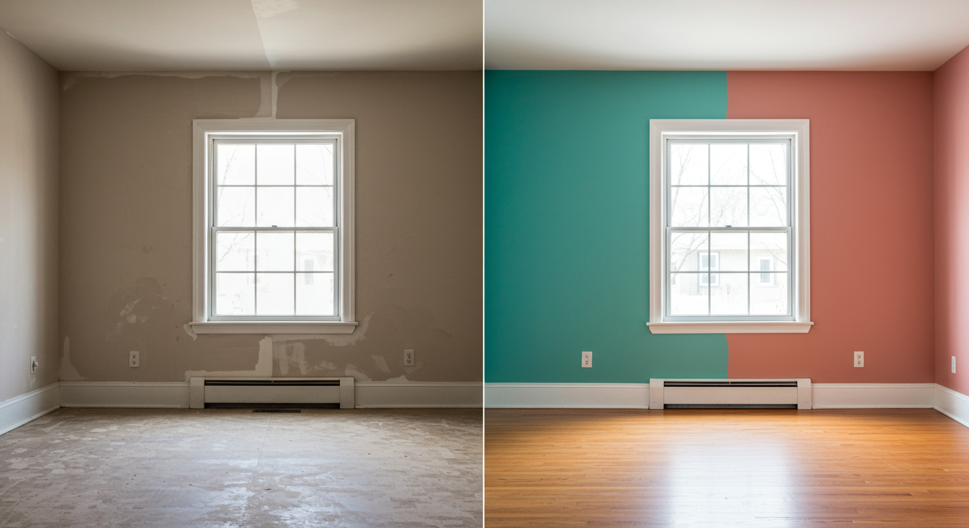 A split image showing a room before and after painting. The left side is dull and outdated, while the right side is vibrant and modern, showcasing the impact of professional painting.