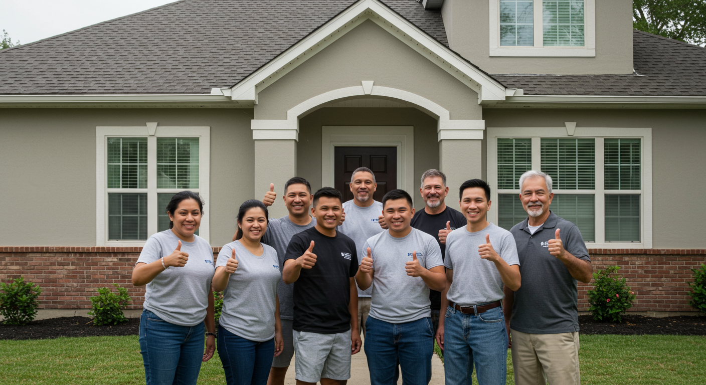 A group of happy homeowners standing in front of their freshly painted home, smiling and giving a thumbs-up. The house is beautifully painted, showcasing the quality of the work done.