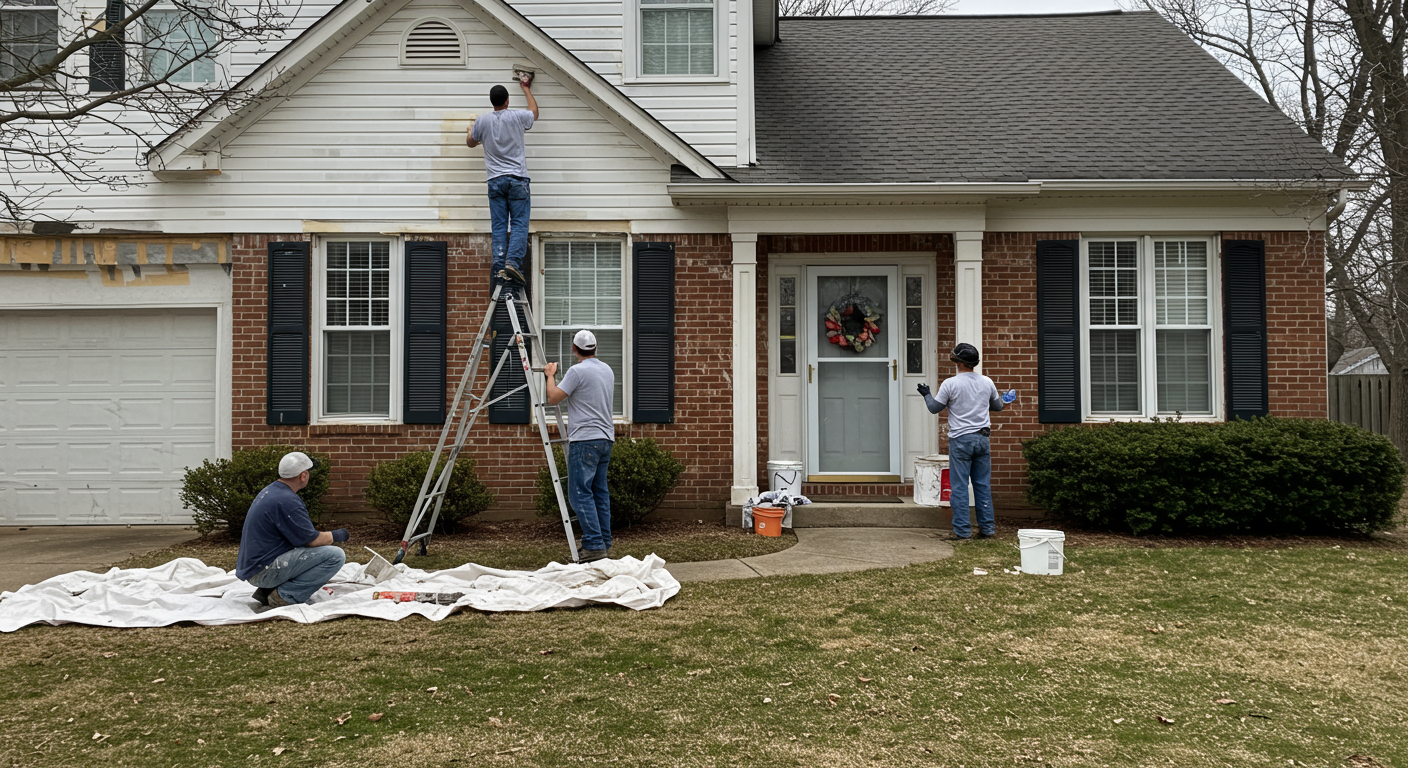 A team of professional painters actively working on the exterior of a charming suburban home in Gaithersburg. One painter is on a ladder applying fresh paint to the upper trim, while another is preparing the ground area with drop cloths and tools. The scene captures the essence of teamwork and professionalism.