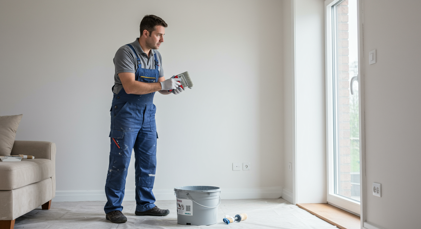 A professional painter in a clean, well-lit living room, carefully applying a fresh coat of paint on the walls. The painter is focused and wearing a uniform, showcasing professionalism.