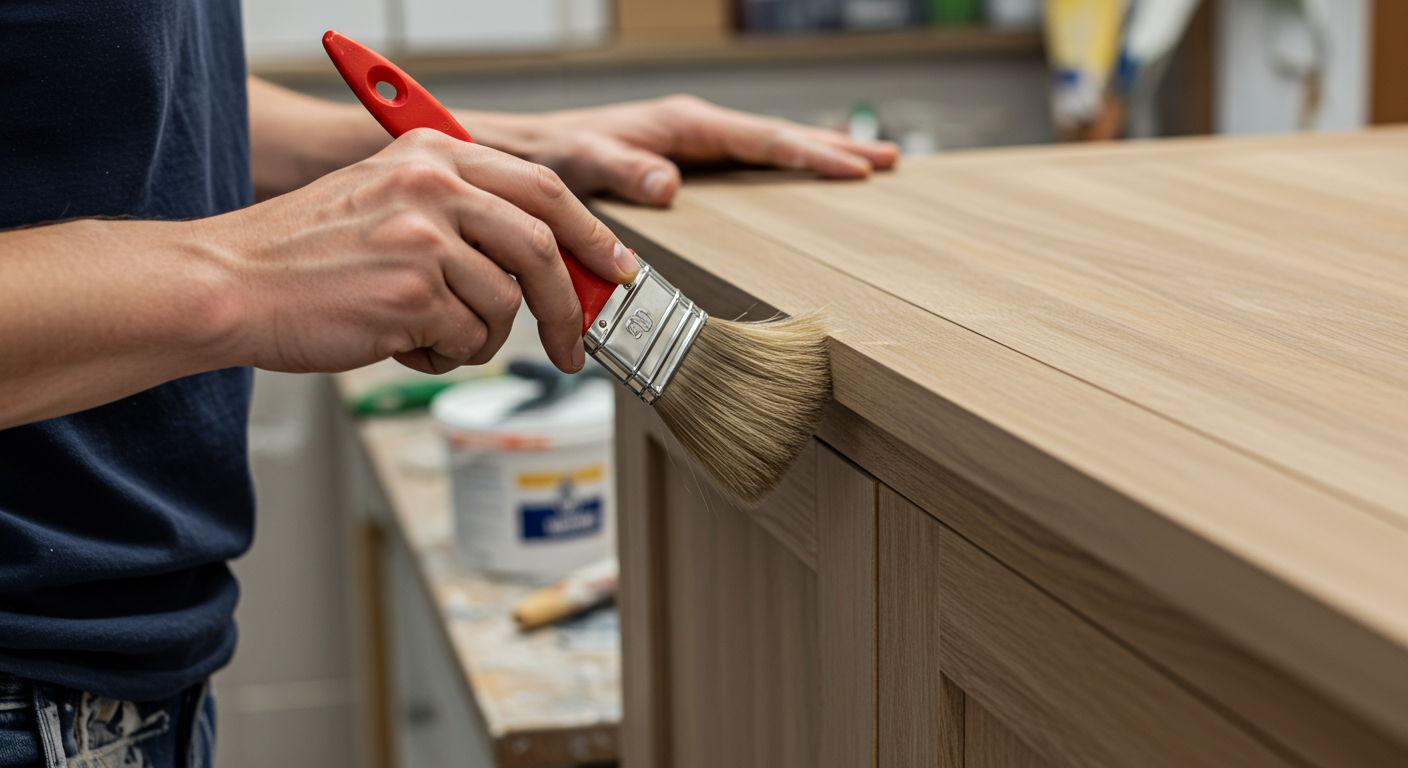 A close-up of a painter's hands expertly painting a wooden cabinet, highlighting the precision and quality of the workmanship.
